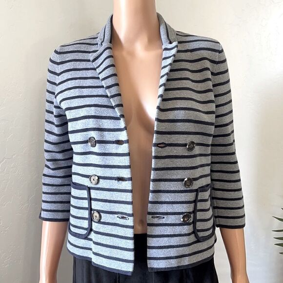 LOFT Gray/Blue Stripe Double Breasted Knit Jacket Sz SP - Picture 3 of 12